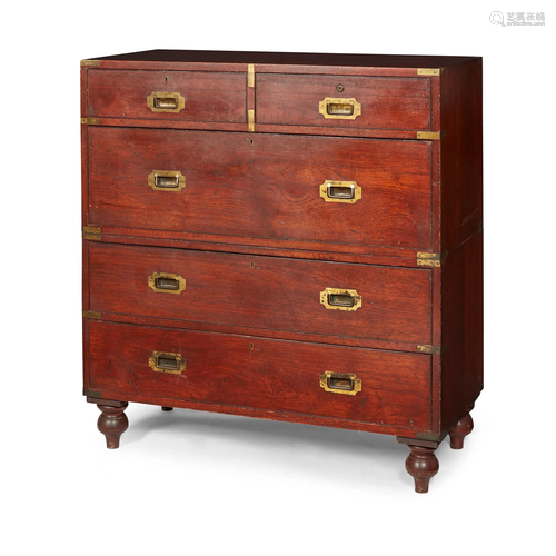 TEAK BRASS MOUNTED CAMPAIGN CHEST OF DRAWERS MI…