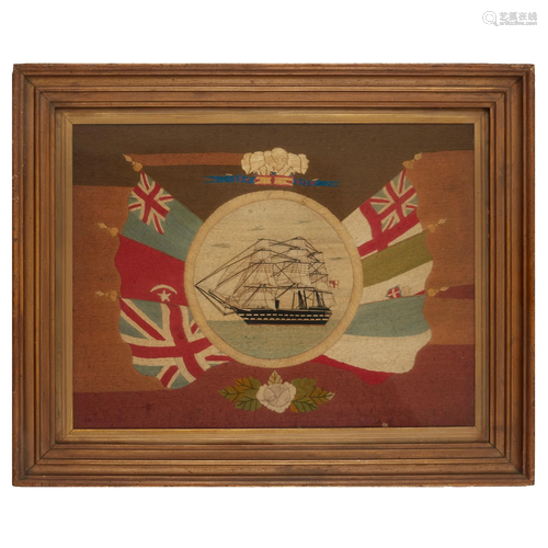 EARLY VICTORIAN SAILOR'S WOOLWORK SHIP PICTURE MID 19TH