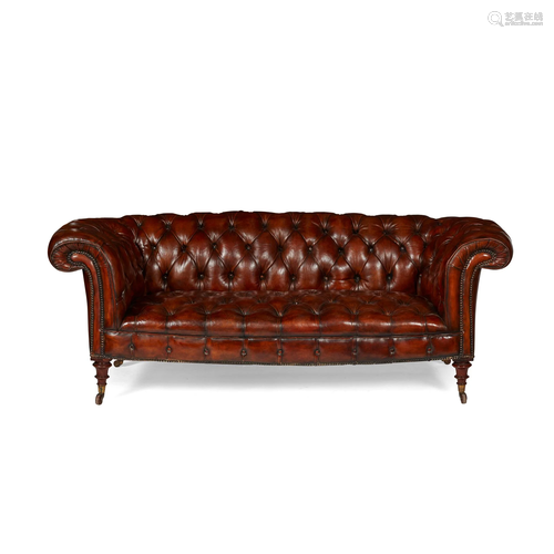 EDWARDIAN BROWN LEATHER BUTTON-UPHOLSTERED CHESTERFIELD