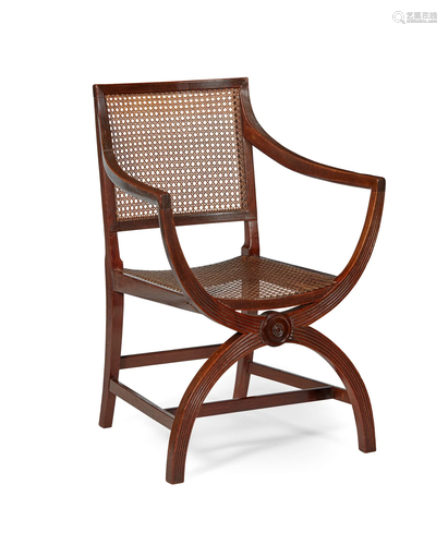 REGENCY MAHOGANY CANED X-FORM ARMCHAIR EARLY 1…