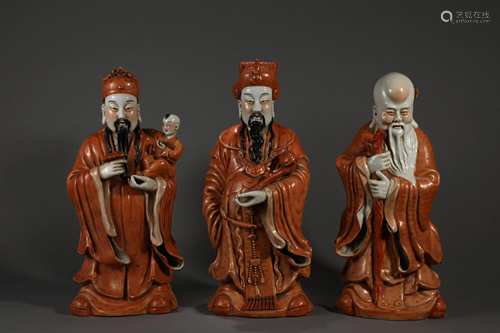 Three Sages of Fu, Lu and Shou in the Red Glazed Qing