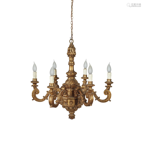 CONTINENTAL BAROQUE STYLE GILTWOOD SIX LIGHT CHAND…