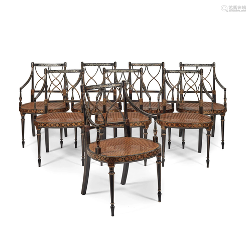 SET OF EIGHT REGENCY EBONISED SILVERED AND GILT