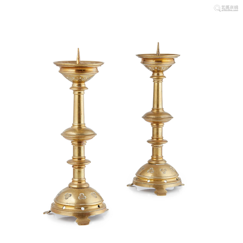 PAIR OF GOTHIC REVIVAL BRASS PRICKET CANDLESTICKS LATE