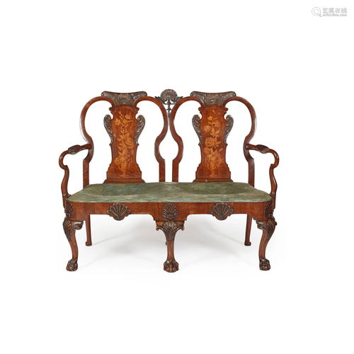 GEORGE I STYLE WALNUT AND MARQUETRY DOUBLE CHAIRBA…