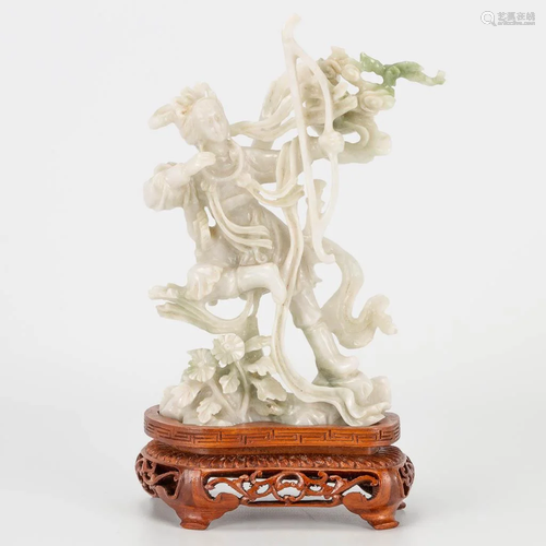 A Chinese Jade sculptured statue of an Archer with bow,