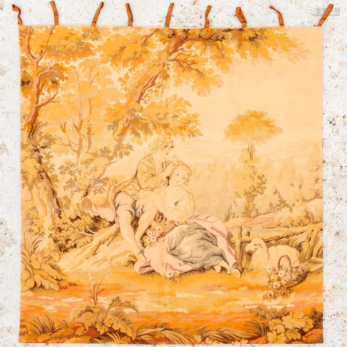 A woven tapistry with romantic scene, a couple under a