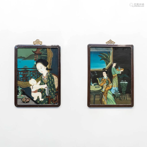 A collection of 2 eglomise reverse glass paintings with