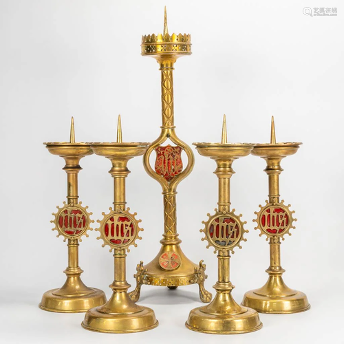 A collection of 5 bronze church candlesticks, neogothic