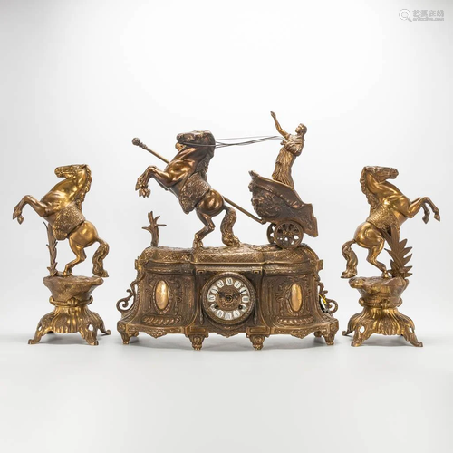 A 3 piece garniture clockset made of bronze, consisting