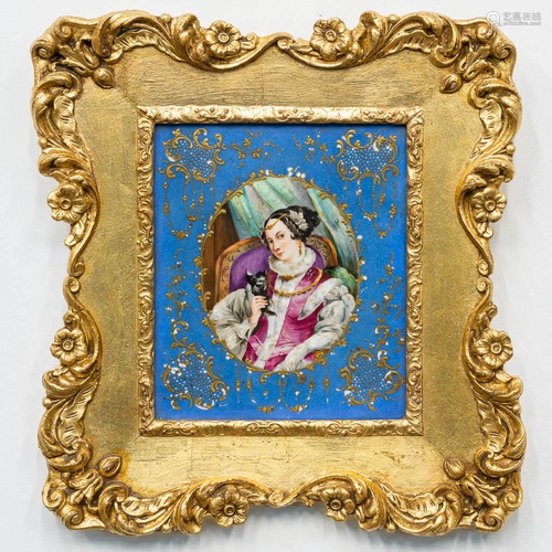 A framed porcelain plaque with hand painted portrait,