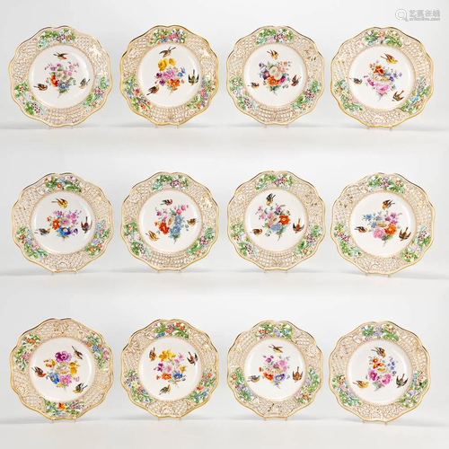 A large collection of 12 Meissen porcelain plates with