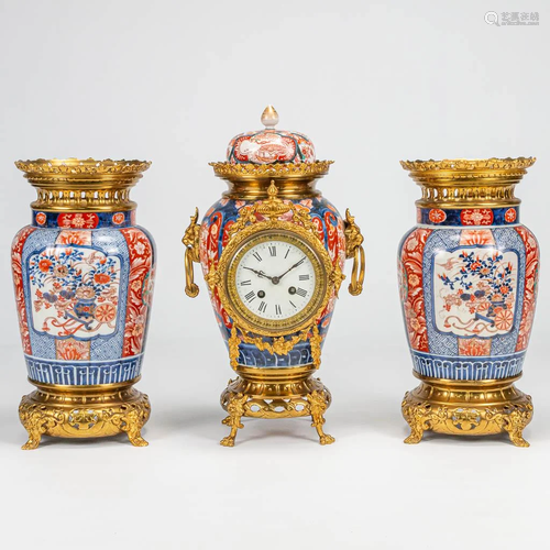 A 3 piece garniture clock made of Imari porcelain