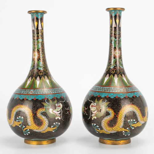 A pair of cloisonne display vases with dragons, the