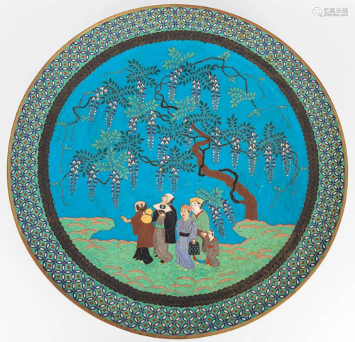 An antique cloisonne display plate with decor of