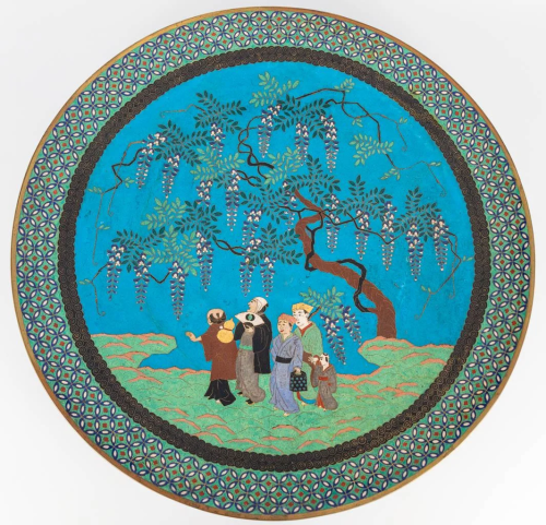 An antique cloisonne display plate with decor of