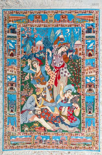 A figurative Oriental carpet, Tabriz, made of silk and