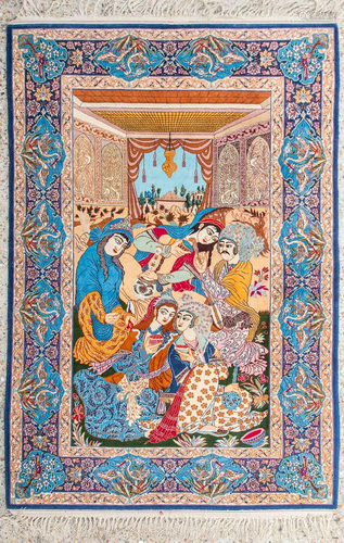 A figurative Oriental carpet, Tabriz, made of silk and