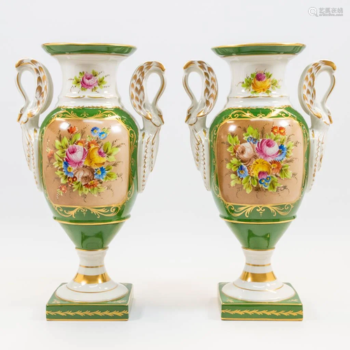 A pair of empire style display vases with hand-painted