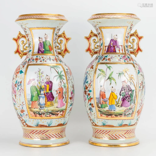 A pair of vases made of porcelain and decorated with