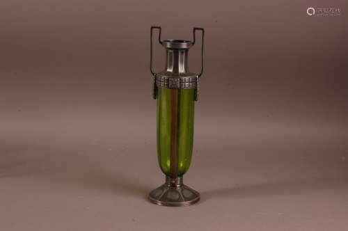 An Art Deco period WMF green glass and pewter mounted vase, ...