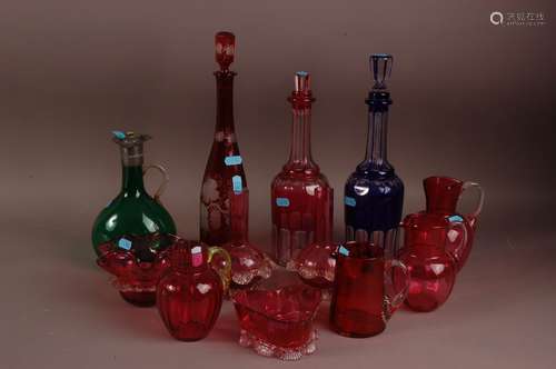 A group of Victorian and later glass, including three decant...