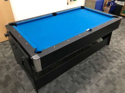 A modern American pool table and air hockey game table, blue...