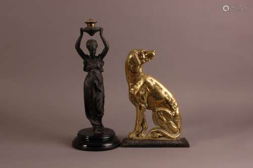 A late Victorian brass and cast iron dog door stop, 32.5cm, ...