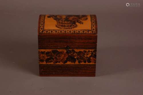 A Victorian period Tunbridge Ware tea caddy, domed lid on re...