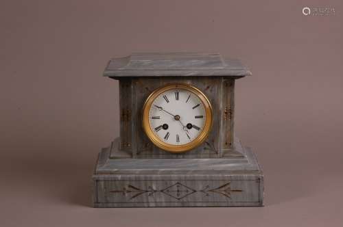 A late Victorian grey marble mantle clock, 27cm wide