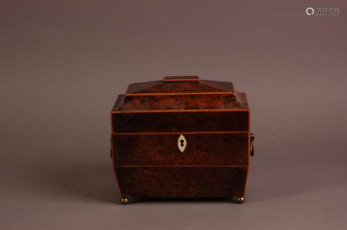 An early Victorian burr walnut and satinwood tea caddy, 19.5...