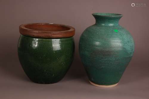 Two modern ceramic items, including a sea green stoneware va...