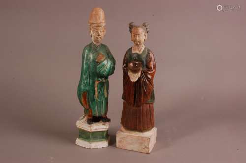 Two Chinese Tang dynasty style figures, part glazed man with...