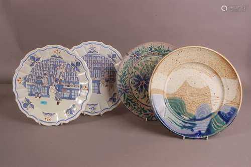 Four decorative ceramic plates, one pair of Italian delft st...