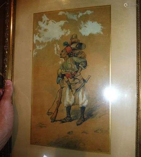 A.LAREAL (fin du XIXe siècle) Le soldat fumeur Aquarelle réh...