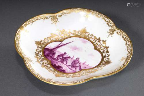 Four-pocket Meissen bowl with purple camaieu painting 