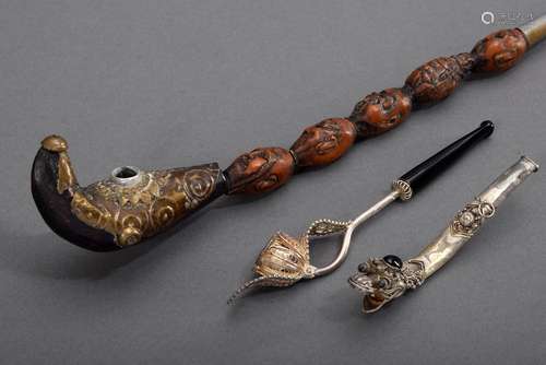 3 various Chinese parts: opium pipe with mass Buddha heads a...