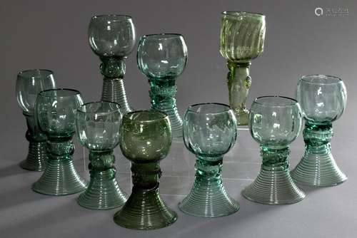 10 Various forest green rummer glasses, 19th century, varyin...