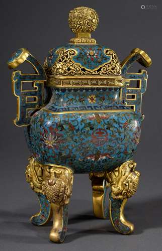 Cloisonné Koro with fire-gilded bronzes 