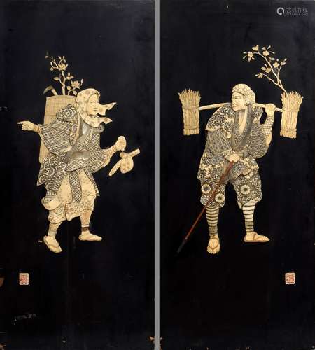 Pair of large Japanese lacquer panels with leg reliefs 