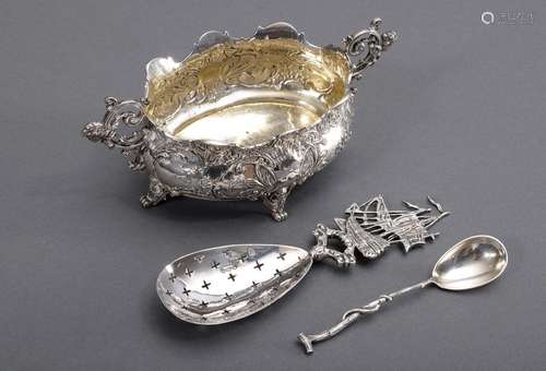 3 Various silver pieces: richly reliefed bowl with lateral 