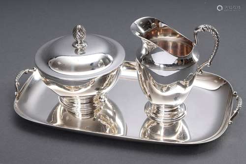 3 Modern Pieces Sugar and Cream Set on Tray with Snakeskin H...