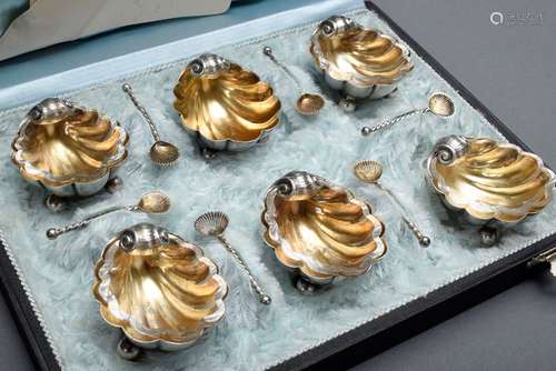 6 Salt cellars in shell form with glass inserts and small sp...