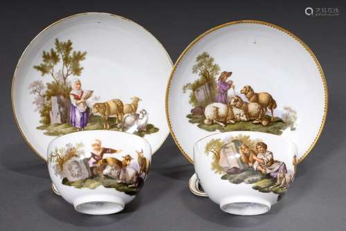 Pair of Meissen cups/saucers with polychrome painting 