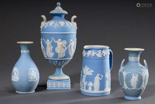 4 Various pieces Wedgwood Jasperware vases and jug with myth...