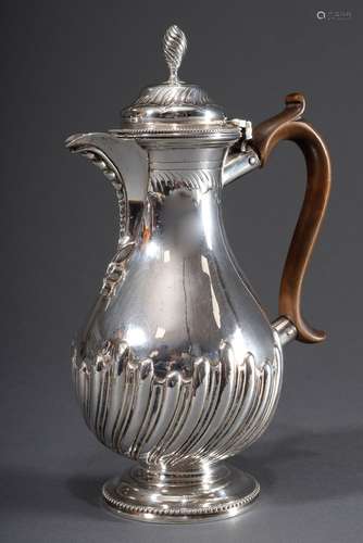 English mocha pot with pear-shaped body with curved ray reli...