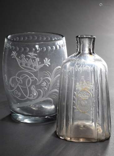 2 different pieces of cut glass: bulbous beaker with ligated...