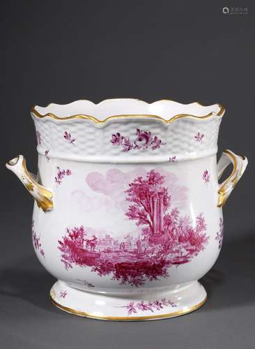 Porcelain cachepot with two handles, wavy rim, two purple pa...