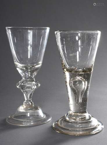 2 Various baroque glasses: thick-walled pointed goblet on a ...