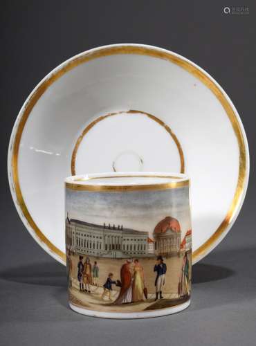 Finely painted porcelain view cup/saucer with polychrome dep...